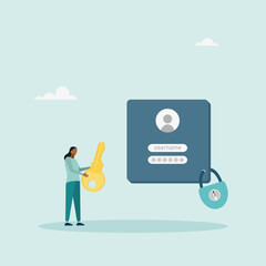 Strong password for cybersecurity, high account protection. Data confidentiality, locking key. Vector illustration.	
