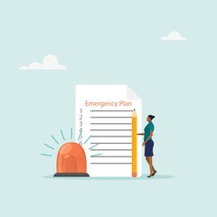 Emergency action plan, character holding pencil standing next to siren and paper with list of action plans. Vector illustration.	