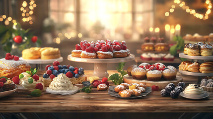 Naklejka premium rustic bakery display featuring fresh pastries, desserts, and berries, creating warm and inviting atmosphere