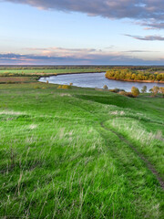 Naklejka premium Beautiful green field with a river running through it