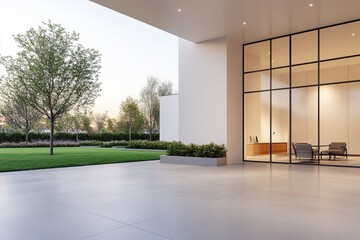 Obraz premium Modern architectural design featuring a serene outdoor space with greenery