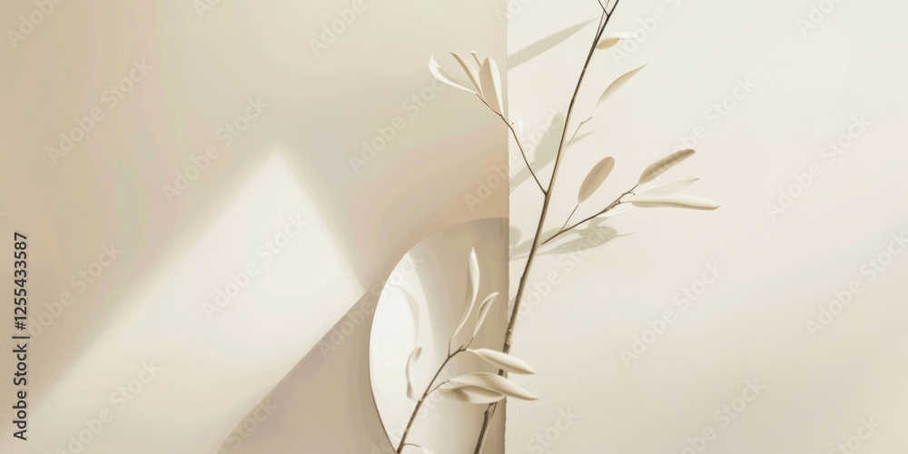Poster an abstract minimalist design with a light cream backdrop, minimalist geometric shapes in a harmonio
