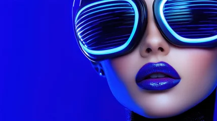 Vibrant close-up of a woman wearing stylish neon sunglasses and bold makeup. © VANATSANUN