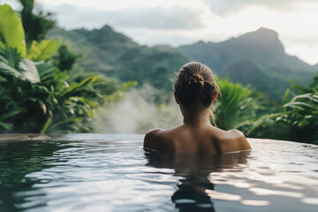 Fototapeta premium A woman relaxing in a hot spring, surrounded by lush greenery and misty mountains, symbolizing tranquility, self-care, and a connection with nature.