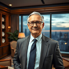 A middle-aged man dressed elegantly, dressed in traditional tailored suits, neat ties, glasses, and standing in a luxurious office background. His expression is full of confidence and intelligence.