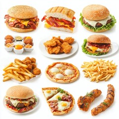 Delicious fast food collage burgers, fries, pizza, chicken