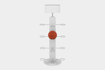 sports shop retail podium decoration.football basketball soccer ball display case stands.3d illustration