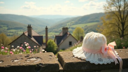 Ivory Easter Bonnet with Lace and Pink Ribbons on Moss-Covered Stone Ledge Overlooking Idyllic Village and Rolling Hills in Spring Morning Light