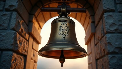 Obraz premium Majestic Old Brass Bell with Swirling Foliage Patterns in Belfry, Glistening in Golden Dawn Light Through Stone Arches