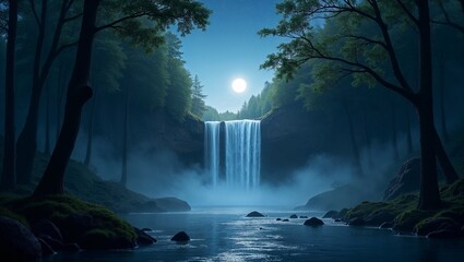 Mystical Forest Clearing at Night with Moonlit Waterfall and Starry Sky Reflections in Photorealistic Detail
