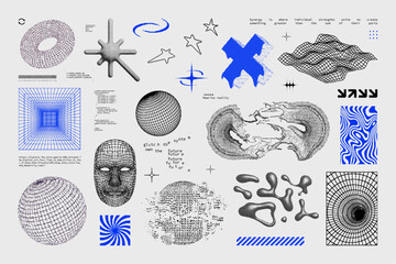 Bitmap 3D shapes, graphic box. Liquid, decay and glitch effect elements set. Pixel noise effect, y2k universal geometric shapes. 3D elements in 8 bit style. Retro Sci-fi vibe. Vector bitmap pack.