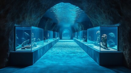 A museum with a rotating display of underwater archaeology, featuring sunken structures and artifacts 