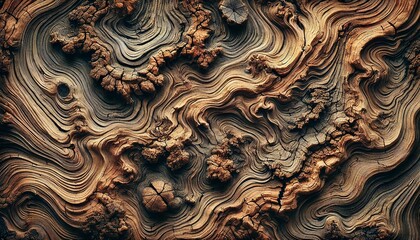 A highly detailed close-up texture of natural wood with rich grain patterns, knots, and deep earthy tones. The image should showcase the organic beauty