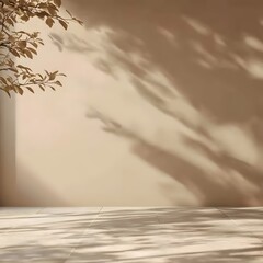 Serene Beige Interior with Sunlight Casting Shadows of Delicate Leaves on the Wall Surface