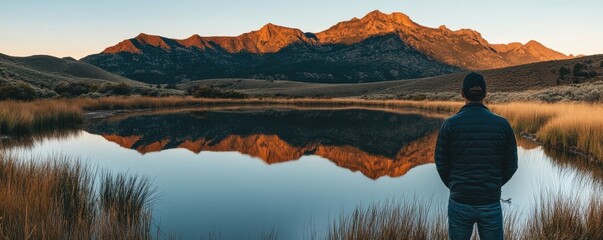 Caucasian male admiring mountain reflection during sunset at serene lake