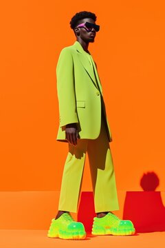 Stylish male model showcasing a vibrant lime green suit and unique sneakers against a striking orange backdrop, creating a bold and modern fashion statement