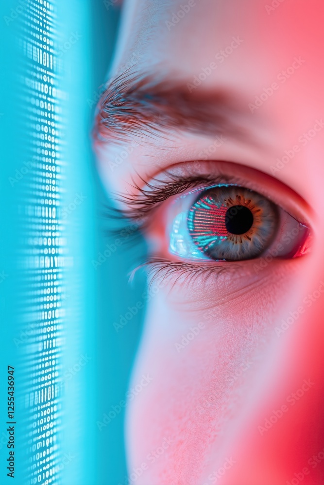 Poster close up of an eye reflecting binary code, symbolizing the connection between humans and technology