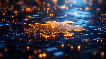 Glowing Puzzle Piece on Digital Circuit Board Represents Connection and Technological Solution