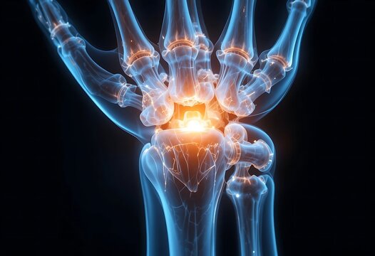 Hand Anatomy X-ray Image Showing Joints with Pain Indication