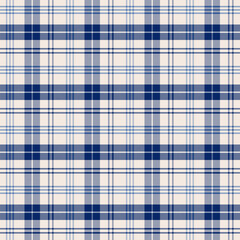 Plaid with twill weave repeat pattern in white and blue.Gingham seamless pattern with stripes.Checkered tartan Geometric graphic vector illustration background.