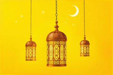 Obraz premium Illuminating the Spirit of Eid: Golden Lanterns and Crescent Moon
