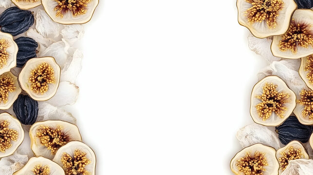 Dried Figs and Plums arrangement on light petals. Ideal for healthy snack ads, nutrition guides or autumn recipes background