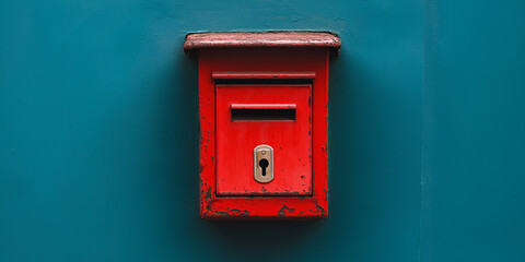 red mailbox on a blue wall,for banner design backdrop