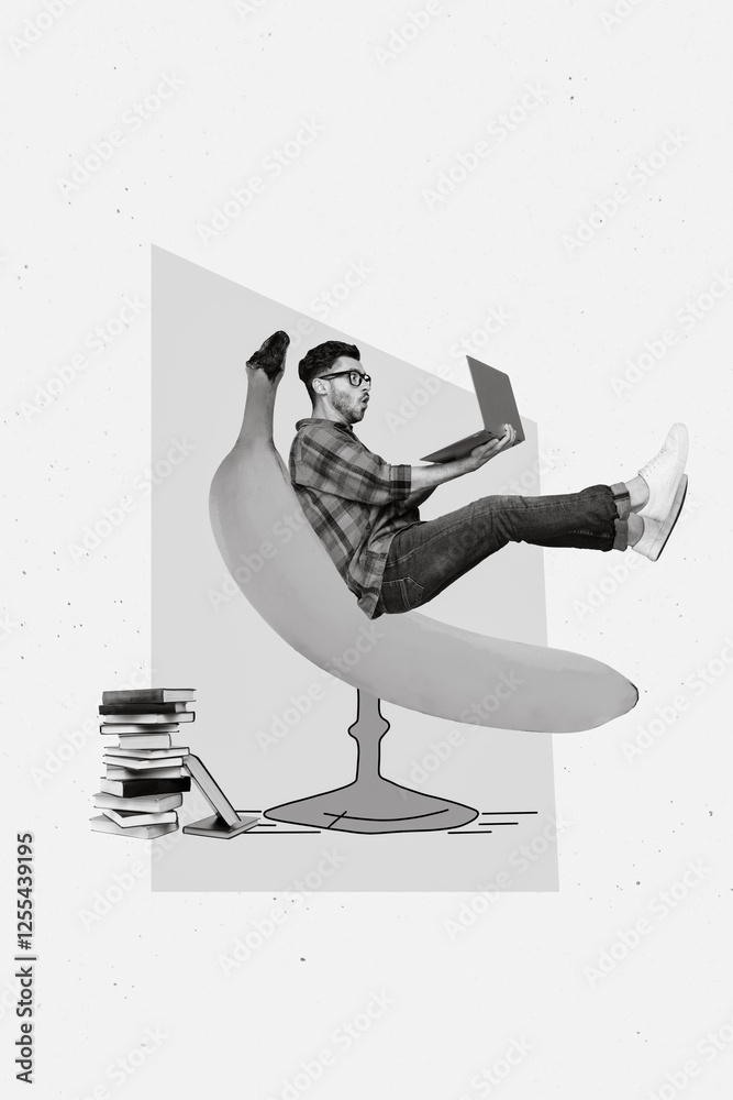 Aufkleber Magazine creative template collage of nerd programmer guy sit unique chair banana decor working laptop studying books