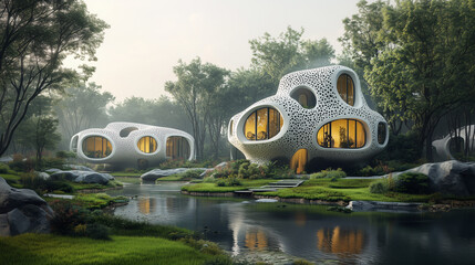 Modern organic houses with rounded shapes by the water, surrounded by green forest. Harmony of architecture and nature.
