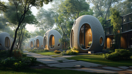 Futuristic capsule houses among trees. Architecture of the future in harmony with nature.