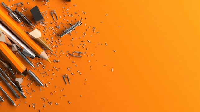 Orange Background with Broken Pencils and Metal Scraps Creative Art Design - Powered by Adobe