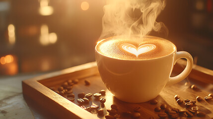 steaming cup of cappuccino with heart shaped latte art, surrounded by coffee beans, evokes warmth and comfort
