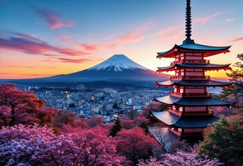 beautiful landmark of fuji mountain and chureito pagoda at sunset japan