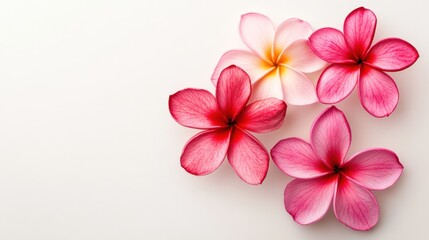 Photograph of three Plumeria on a white background, featuring pink and red colors, in a top-down, flat lay composition, with ample copy space
