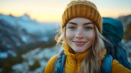 Woman Hiking in Serene Mountain Landscape