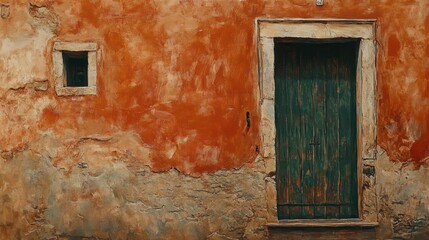 Old weathered orange stucco wall with a worn green wooden door and small window.
