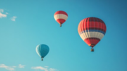 Naklejka premium red , blue, white color hot air balloons flying in a clear blue sky. Vintage style, wide-angle, copy space concept.