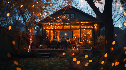 Backyard with string lights and projector. Family watching a movie in a cozy evening autumn atmosphere.