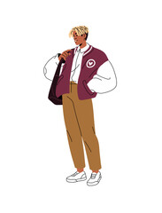 Teen African American boy with bag is wearing college bomber jacket. Happy young black man, student with dreadlocks in stylish clothes, university outfit. Flat isolated vector illustration on white