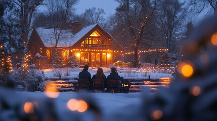 Winter evening near a wooden house with lights. People by the fire enjoying cozy atmosphere and snowy scenery.