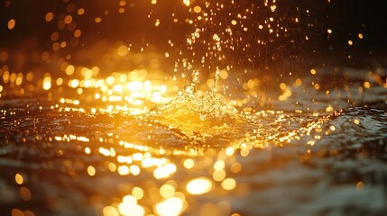 Naklejka premium Golden water splash, dark background, bokeh lights, abstract