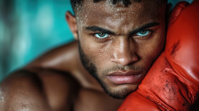 A dramatic close-up of a boxer resting on his gloves highlights the raw emotion and taut focus of the athlete, capturing the essence of determination and physical prowess in action.