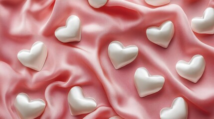 Scattered white satin hearts resting on a glossy pink satin background, perfect for a romantic theme