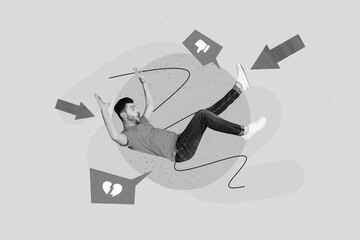 Creative photo collage illustration of funny headless guy monitor instead of head falling in likes...
