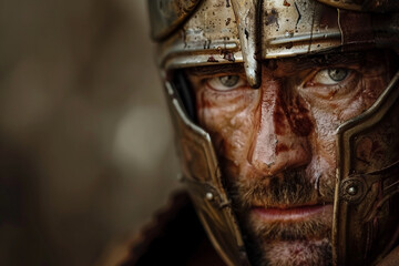 Generative AI image of a fierce ancient gladiator in battle-worn armor and helmet, inspired by Greek warriors