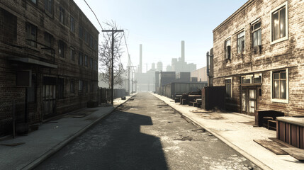 Obraz premium desolate industrial street with abandoned buildings, rusting machinery, and bleak atmosphere.
