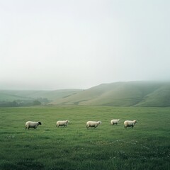 Obraz premium Sheep grazing in misty green field, rolling hills background; pastoral scene