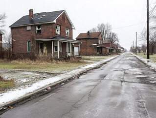 Abandoned urban street with crumbling homes, broken windows, and overgrown grass on cold winter day.