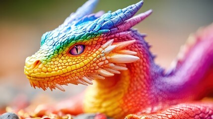 Obraz premium Rainbow dragon figurine, outdoors, autumn leaves, fantasy art