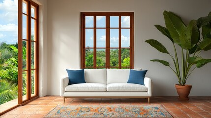 Modern living room decor with spacious windows tropical view interior design bright environment inviting concept